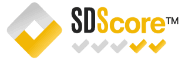 SDScore™ logo featuring a diamond icon with yellow and gray gradients, accompanied by five checkmarks, three gray and two yellow.