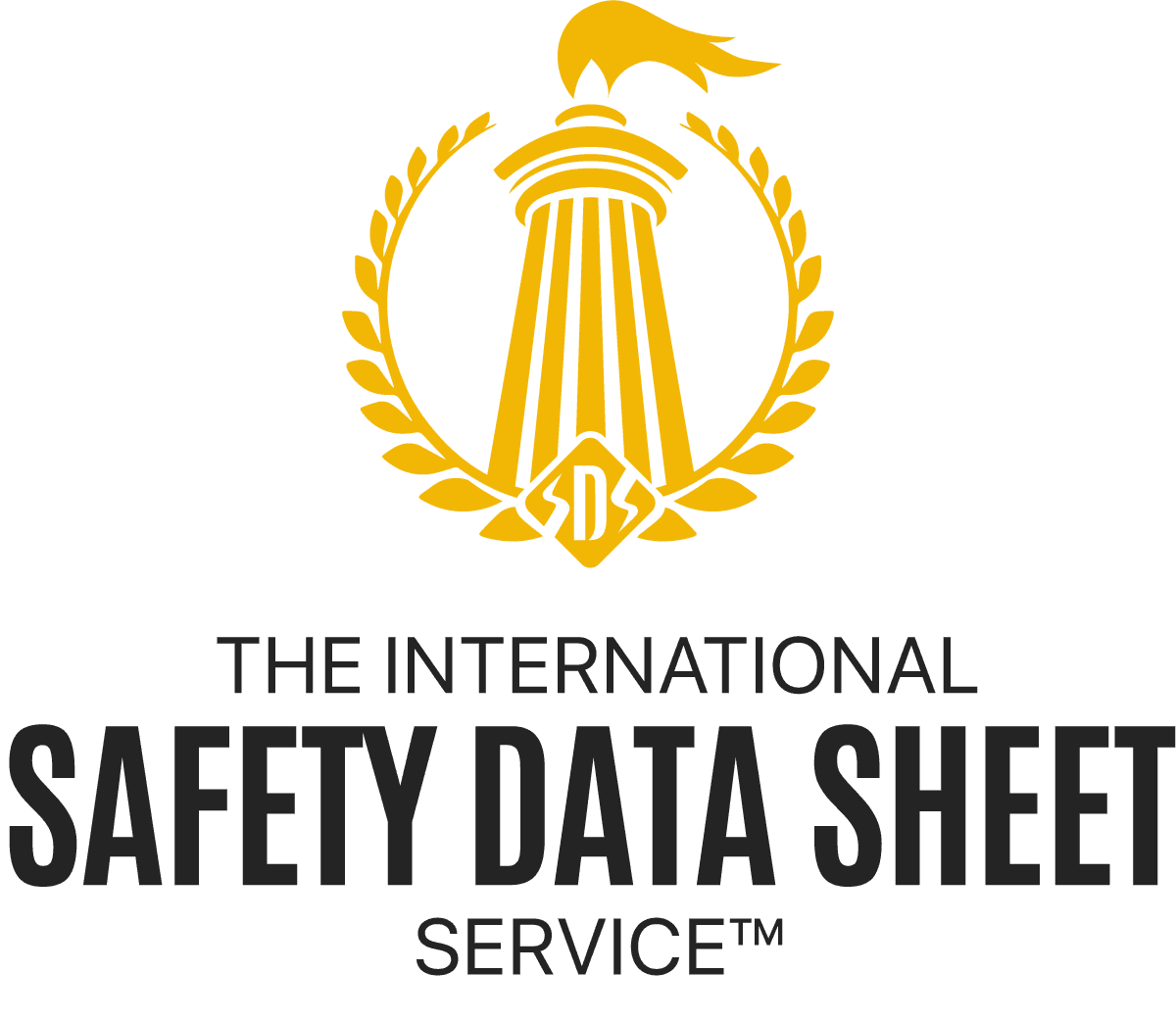 Logo of The International Safety Data Sheet Service featuring a golden torch surrounded by a laurel wreath and the acronym 'SDS' at the base of the torch.