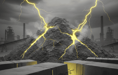 A pile of grey Portland cement powder with glowing yellow cracks, illustrating the hidden chemical burn and silica hazards of the material.